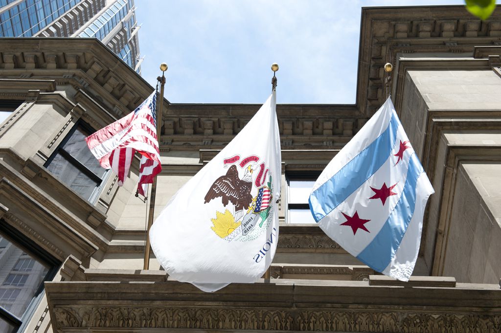 Illinois State Emblem and Chicago Flag